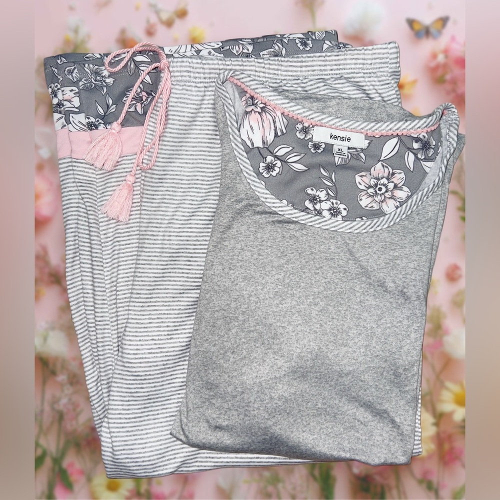 Women’s XL 2-PC Kensie Pajamas, Cropped, Pink Gray Floral Striped